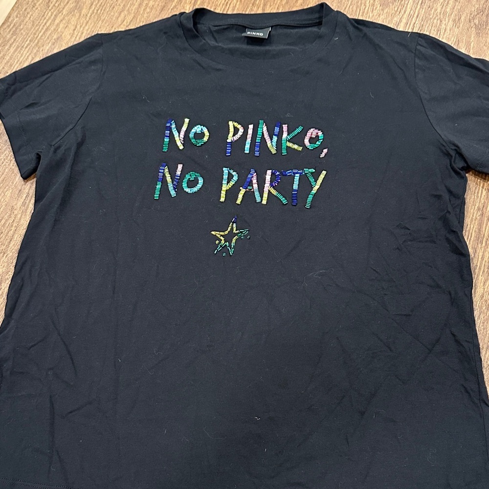 Pinko Black Womens Short Sleeve Shirt with Colorful Text Design